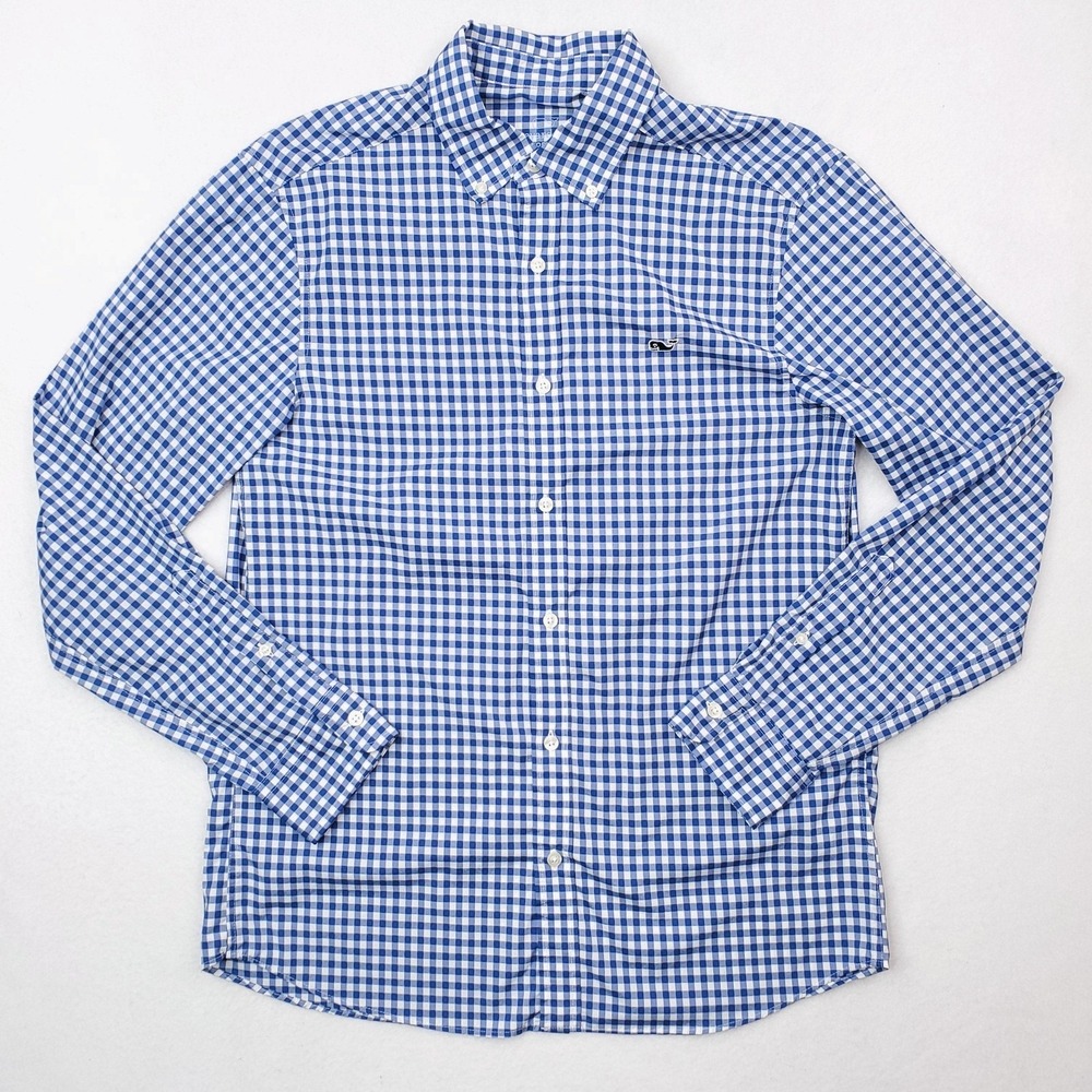 Vineyard Vines Shirt Mens Small Blue White Gingham Plaid Performance Classic Fit